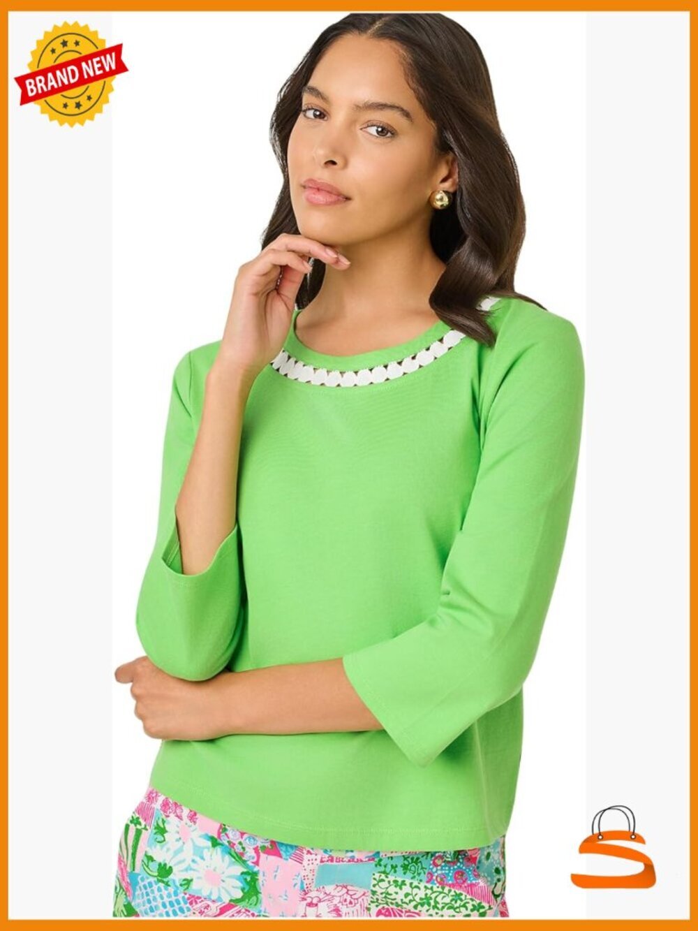 3/4 Sleeve Lace-Trim Crew Neck Cotton T-Shirt